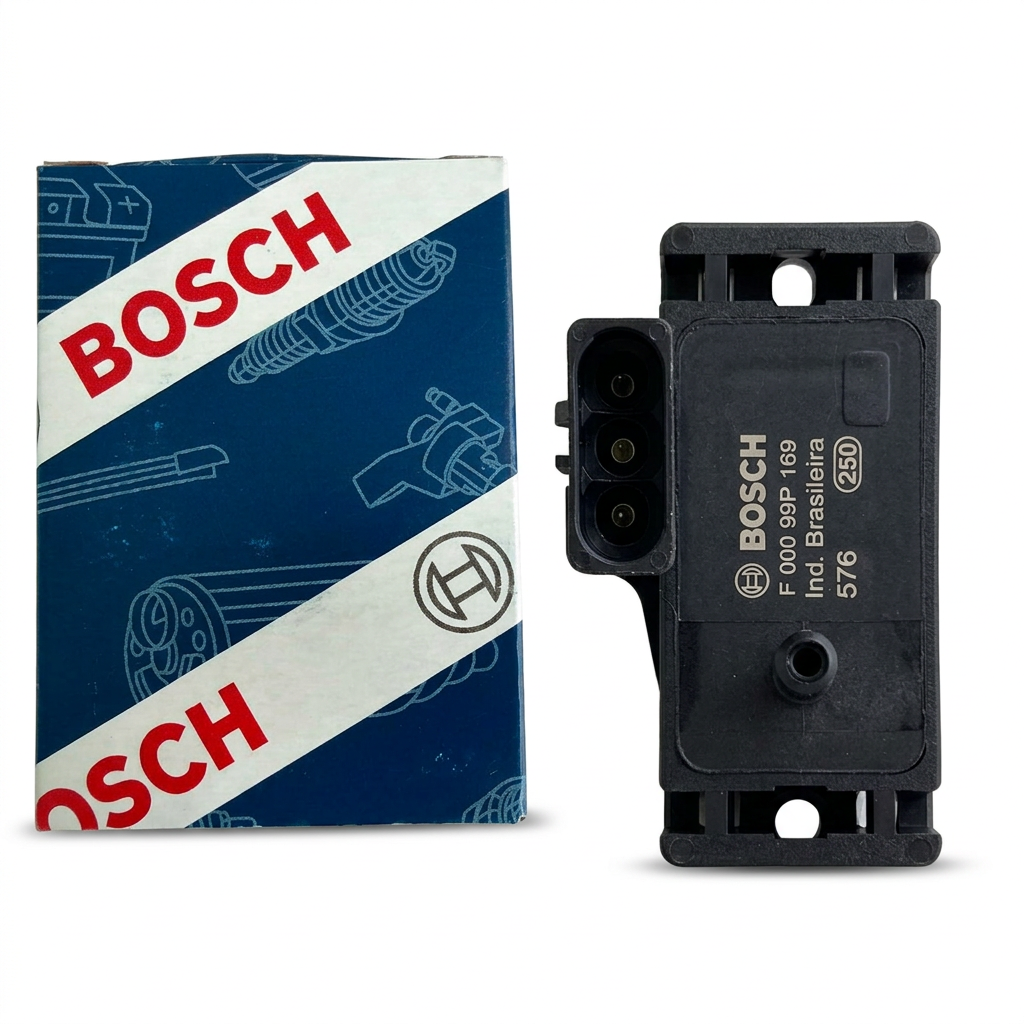 Sensor MAP Bosch y caja separados sobre fondo blanco; fotografía editada para presentación