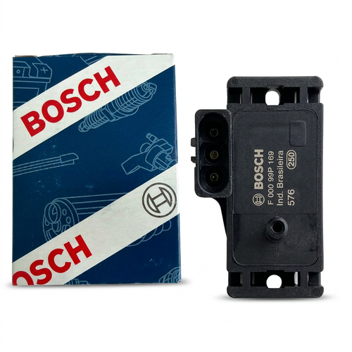 Sensor MAP Bosch y caja separados sobre fondo blanco; fotografía editada para presentación
