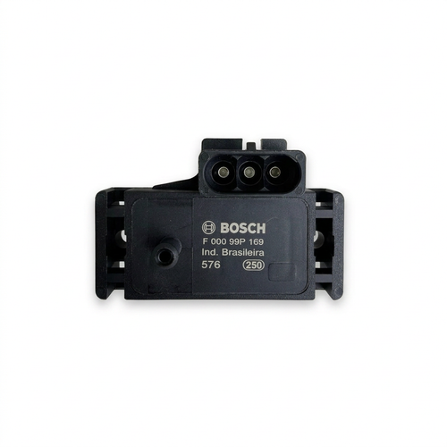 Sensor MAP Bosch de tres terminales centrado sobre fondo blanco; fotografía editada para presentación